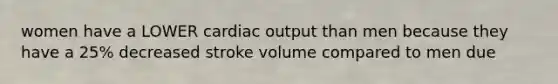 women have a LOWER cardiac output than men because they have a 25% decreased stroke volume compared to men due