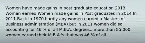 Women have made gains in post graduate education 2013 Woman earned Women made gains in Post graduates in 2014 In 2011 Back in 1970 hardly any women earned a Masters of Business administration (MBA) but in 2011 women did so, accounting for 46 % of all M.B.A. degrees...more than 85,000 women earned their M.B.A.'s that was 46 % of all