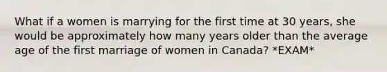 What if a women is marrying for the first time at 30 years, she would be approximately how many years older than the average age of the first marriage of women in Canada? *EXAM*