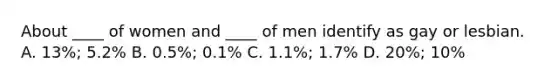 About ____ of women and ____ of men identify as gay or lesbian. A. 13%; 5.2% B. 0.5%; 0.1% C. 1.1%; 1.7% D. 20%; 10%