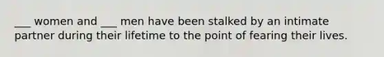 ___ women and ___ men have been stalked by an intimate partner during their lifetime to the point of fearing their lives.