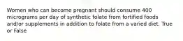 Women who can become pregnant should consume 400 micrograms per day of synthetic folate from fortified foods and/or supplements in addition to folate from a varied diet. True or False