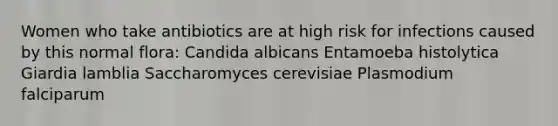 Women who take antibiotics are at high risk for infections caused by this normal flora: Candida albicans Entamoeba histolytica Giardia lamblia Saccharomyces cerevisiae Plasmodium falciparum