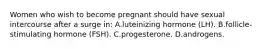 Women who wish to become pregnant should have sexual intercourse after a surge in: A.luteinizing hormone (LH). B.follicle-stimulating hormone (FSH). C.progesterone. D.androgens.