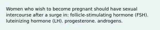 Women who wish to become pregnant should have sexual intercourse after a surge in: follicle-stimulating hormone (FSH). luteinizing hormone (LH). progesterone. androgens.