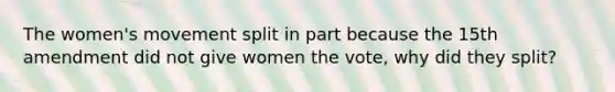 The women's movement split in part because <a href='https://www.questionai.com/knowledge/kFsSbmosNN-the-15th-amendment' class='anchor-knowledge'>the 15th amendment</a> did not give women the vote, why did they split?