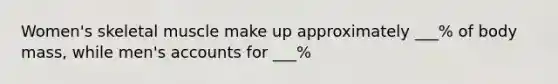 Women's skeletal muscle make up approximately ___% of body mass, while men's accounts for ___%