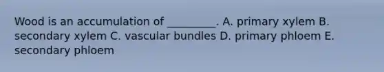 Wood is an accumulation of _________. A. primary xylem B. secondary xylem C. vascular bundles D. primary phloem E. secondary phloem