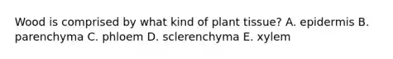 Wood is comprised by what kind of plant tissue? A. epidermis B. parenchyma C. phloem D. sclerenchyma E. xylem