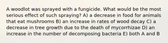 A woodlot was sprayed with a fungicide. What would be the most serious effect of such spraying? A) a decrease in food for animals that eat mushrooms B) an increase in rates of wood decay C) a decrease in tree growth due to the death of mycorrhizae D) an increase in the number of decomposing bacteria E) both A and B