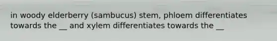 in woody elderberry (sambucus) stem, phloem differentiates towards the __ and xylem differentiates towards the __