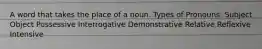 A word that takes the place of a noun. Types of Pronouns: Subject Object Possessive Interrogative Demonstrative Relative Reflexive Intensive