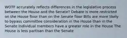 WOTF accurately reflects differences in the legislative process between the House and the Senate? Debate is more restricted on the House floor than on the Senate floor Bills are more likely to bypass committee consideration in the House than in the Senate Individual members have a greater role in the House The House is less partisan than the Senate