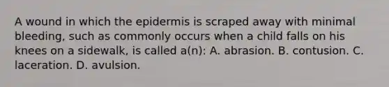 A wound in which the epidermis is scraped away with minimal​ bleeding, such as commonly occurs when a child falls on his knees on a​ sidewalk, is called​ a(n): A. abrasion. B. contusion. C. laceration. D. avulsion.