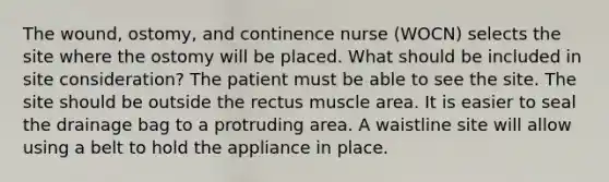 The wound, ostomy, and continence nurse (WOCN) selects the site where the ostomy will be placed. What should be included in site consideration? The patient must be able to see the site. The site should be outside the rectus muscle area. It is easier to seal the drainage bag to a protruding area. A waistline site will allow using a belt to hold the appliance in place.