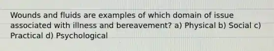 Wounds and fluids are examples of which domain of issue associated with illness and bereavement? a) Physical b) Social c) Practical d) Psychological