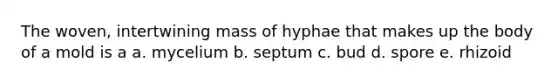 The woven, intertwining mass of hyphae that makes up the body of a mold is a a. mycelium b. septum c. bud d. spore e. rhizoid