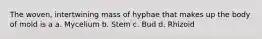 The woven, intertwining mass of hyphae that makes up the body of mold is a a. Mycelium b. Stem c. Bud d. Rhizoid