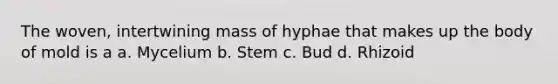 The woven, intertwining mass of hyphae that makes up the body of mold is a a. Mycelium b. Stem c. Bud d. Rhizoid