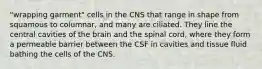 "wrapping garment" cells in the CNS that range in shape from squamous to columnar, and many are ciliated. They line the central cavities of the brain and the spinal cord, where they form a permeable barrier between the CSF in cavities and tissue fluid bathing the cells of the CNS.