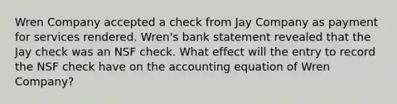 Wren Company accepted a check from Jay Company as payment for services rendered. Wren's bank statement revealed that the Jay check was an NSF check. What effect will the entry to record the NSF check have on the accounting equation of Wren Company?