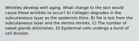 Wrinkles develop with aging. What change to the skin would cause these wrinkles to occur? A) Collagen degrades in the subcutaneous layer as the epidermis thins. B) Fat is lost from the subcutaneous layer and the dermis shrinks. C) The number of sweat glands diminishes. D) Epidermal cells undergo a burst of cell division.