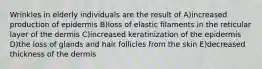 Wrinkles in elderly individuals are the result of A)increased production of epidermis B)loss of elastic filaments in the reticular layer of the dermis C)increased keratinization of the epidermis D)the loss of glands and hair follicles from the skin E)decreased thickness of the dermis