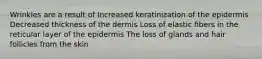 Wrinkles are a result of Increased keratinization of the epidermis Decreased thickness of the dermis Loss of elastic fibers in the reticular layer of the epidermis The loss of glands and hair follicles from the skin