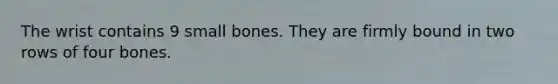 The wrist contains 9 small bones. They are firmly bound in two rows of four bones.