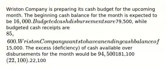 Wriston Company is preparing its cash budget for the upcoming month. The beginning cash balance for the month is expected to be 16,000. Budgeted cash disbursements are79,500, while budgeted cash receipts are 85,600. Wriston Company wants to have an ending cash balance of15,000. The excess (deficiency) of cash available over disbursements for the month would be 94,500181,100 (22,100).22,100