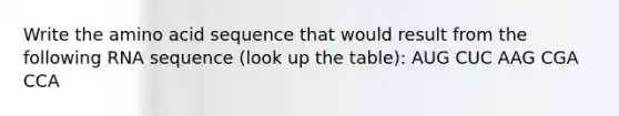Write the amino acid sequence that would result from the following RNA sequence (look up the table): AUG CUC AAG CGA CCA