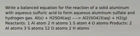 Write a balanced equation for the reaction of a solid aluminum with aqueous sulfuric acid to form aqueous aluminum sulfate and hydrogen gas. Al(s) + H2SO4(aq) ----> Al2(SO4)3(aq) + H2(g) Reactants: 1 Al atom 2 H atoms 1 S atom 4 O atoms Products: 2 Al atoms 3 S atoms 12 O atoms 2 H atoms