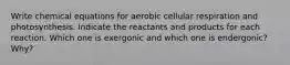 Write chemical equations for aerobic cellular respiration and photosynthesis. Indicate the reactants and products for each reaction. Which one is exergonic and which one is endergonic? Why?