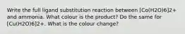 Write the full ligand substitution reaction between [Co(H2O)6]2+ and ammonia. What colour is the product? Do the same for [Cu(H2O)6]2+. What is the colour change?