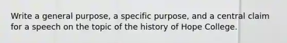 Write a general purpose, a specific purpose, and a central claim for a speech on the topic of the history of Hope College.