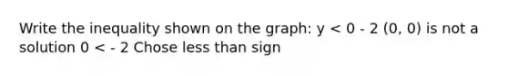 Write the inequality shown on the graph: y < 0 - 2 (0, 0) is not a solution 0 < - 2 Chose <a href='https://www.questionai.com/knowledge/k7BtlYpAMX-less-than' class='anchor-knowledge'>less than</a> sign