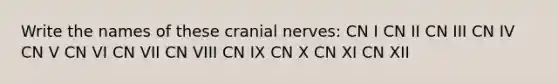 Write the names of these <a href='https://www.questionai.com/knowledge/kE0S4sPl98-cranial-nerves' class='anchor-knowledge'>cranial nerves</a>: CN I CN II CN III CN IV CN V CN VI CN VII CN VIII CN IX CN X CN XI CN XII