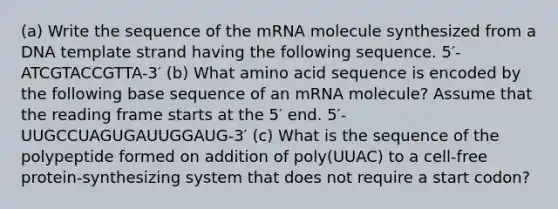 (a) Write the sequence of the mRNA molecule synthesized from a DNA template strand having the following sequence. 5′-ATCGTACCGTTA-3′ (b) What amino acid sequence is encoded by the following base sequence of an mRNA molecule? Assume that the reading frame starts at the 5′ end. 5′-UUGCCUAGUGAUUGGAUG-3′ (c) What is the sequence of the polypeptide formed on addition of poly(UUAC) to a cell-free protein-synthesizing system that does not require a start codon?