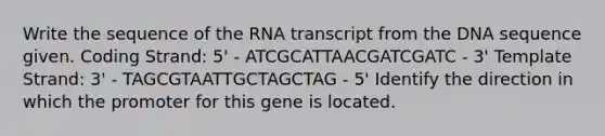 Write the sequence of the RNA transcript from the DNA sequence given. Coding Strand: 5' - ATCGCATTAACGATCGATC - 3' Template Strand: 3' - TAGCGTAATTGCTAGCTAG - 5' Identify the direction in which the promoter for this gene is located.