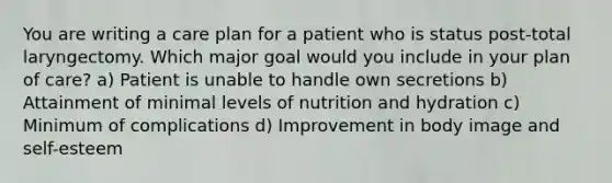 You are writing a care plan for a patient who is status post-total laryngectomy. Which major goal would you include in your plan of care? a) Patient is unable to handle own secretions b) Attainment of minimal levels of nutrition and hydration c) Minimum of complications d) Improvement in body image and self-esteem