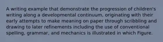 A writing example that demonstrate the progression of children's writing along a developmental continuum, originating with their early attempts to make meaning on paper through scribbling and drawing to later refinements including the use of conventional spelling, grammar, and mechanics is illustrated in which Figure.