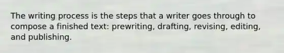 The writing process is the steps that a writer goes through to compose a finished text: prewriting, drafting, revising, editing, and publishing.