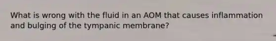 What is wrong with the fluid in an AOM that causes inflammation and bulging of the tympanic membrane?