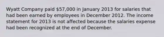 Wyatt Company paid 57,000 in January 2013 for salaries that had been earned by employees in December 2012. The income statement for 2013 is not affected because the salaries expense had been recognized at the end of December.