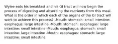 Wylee eats his breakfast and his GI tract will now begin the process of digesting and absorbing the nutrients from this meal. What is the order in which each of the organs of the GI tract will work to achieve this process? -Mouth: stomach: small intestine: esophagus: large intestine -Mouth: stomach: esophagus: large intestine: small intestine -Mouth: esophagus: stomach: small intestine: large intestine -Mouth: esophagus: stomach: large intestine: small intestine