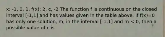 x: -1, 0, 1, f(x): 2, c, -2 The function f is continuous on the closed interval [-1,1] and has values given in the table above. If f(x)=0 has only one solution, m, in the interval [-1,1] and m < 0, then a possible value of c is