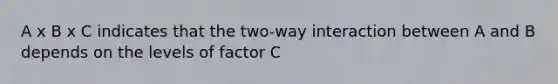 A x B x C indicates that the two-way interaction between A and B depends on the levels of factor C