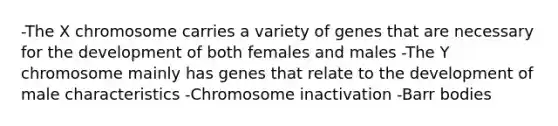 -The X chromosome carries a variety of genes that are necessary for the development of both females and males -The Y chromosome mainly has genes that relate to the development of male characteristics -Chromosome inactivation -Barr bodies