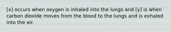 [x] occurs when oxygen is inhaled into the lungs and [y] is when carbon dioxide moves from the blood to the lungs and is exhaled into the air.