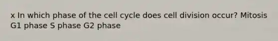 x In which phase of the <a href='https://www.questionai.com/knowledge/keQNMM7c75-cell-cycle' class='anchor-knowledge'>cell cycle</a> does <a href='https://www.questionai.com/knowledge/kjHVAH8Me4-cell-division' class='anchor-knowledge'>cell division</a> occur? Mitosis G1 phase S phase G2 phase